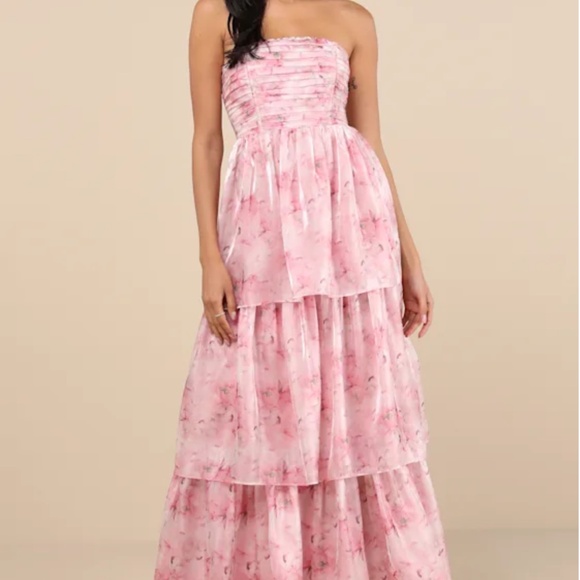 Lulus Kamella Light Pink Floral Pleated Strapless Tiered Maxi Dress - Size S - Picture 1 of 4